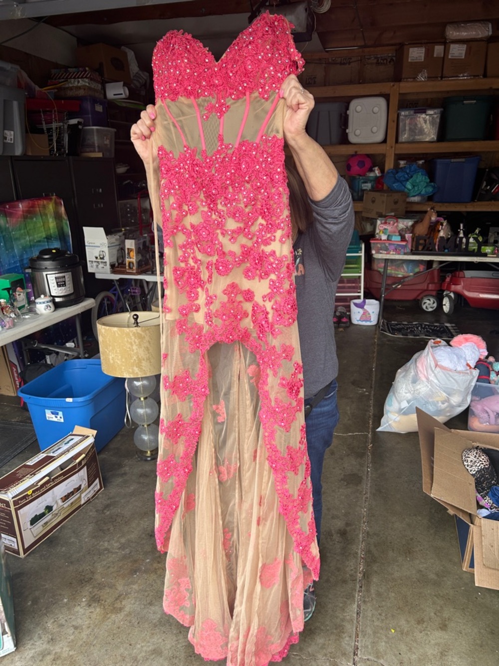 Sherri Hill Hot Pink and Nude Embellished Prom Gown